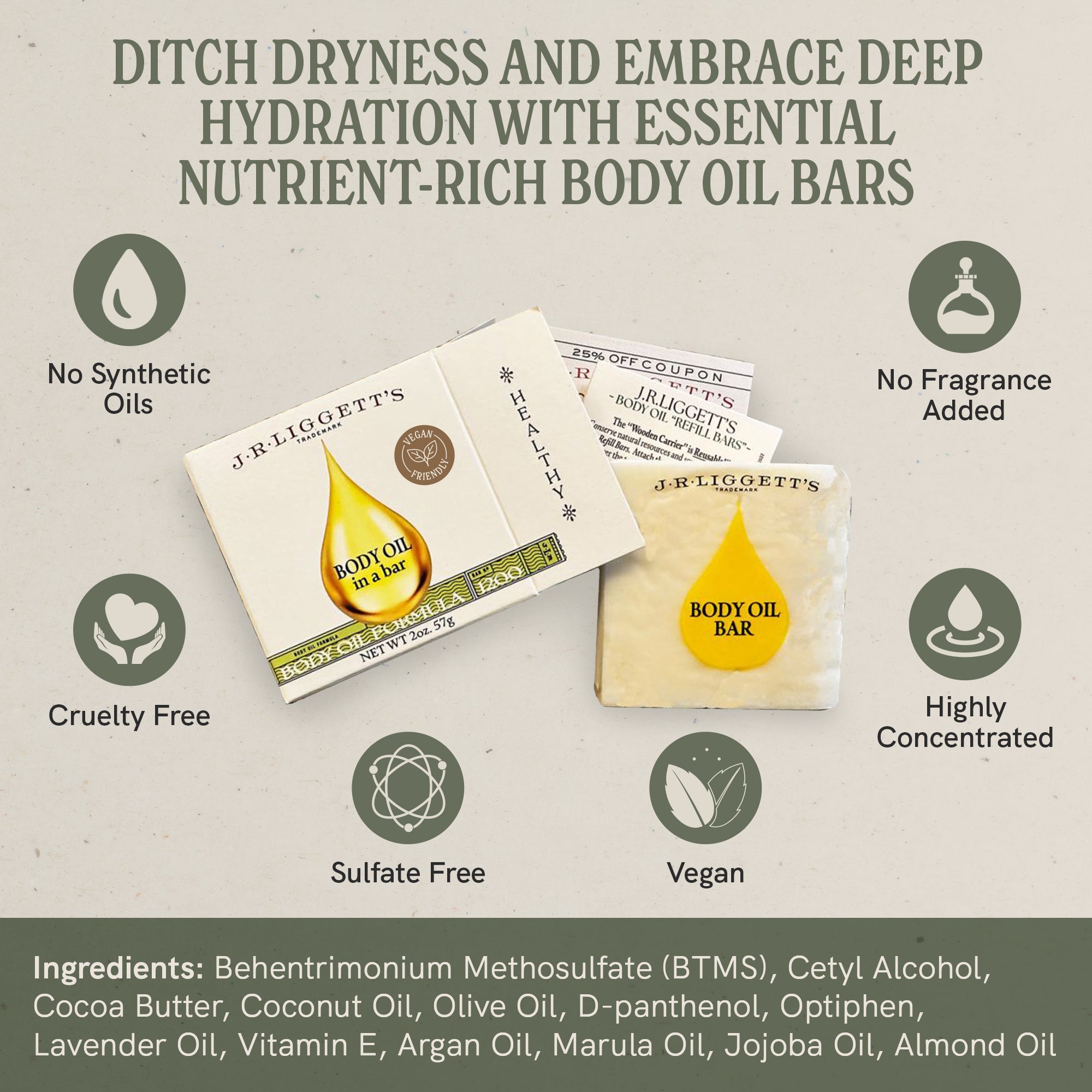 J.R.LIGGETT’S Body Oil in a Bar with Bamboo Wafer for Face and Body